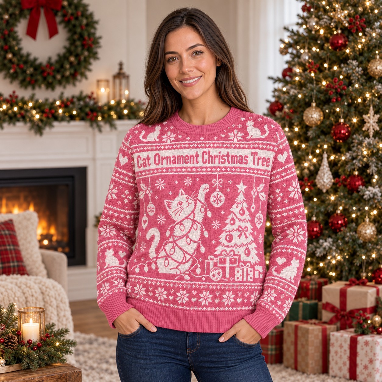 [popular-sweater:PX-06-06:female] Cat Ornament Christmas Tree Ugly Christmas Sweatshirt - Female view