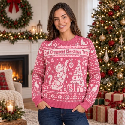 [popular-sweater:PX-06-06:female] Cat Ornament Christmas Tree Ugly Christmas Sweatshirt - Female view