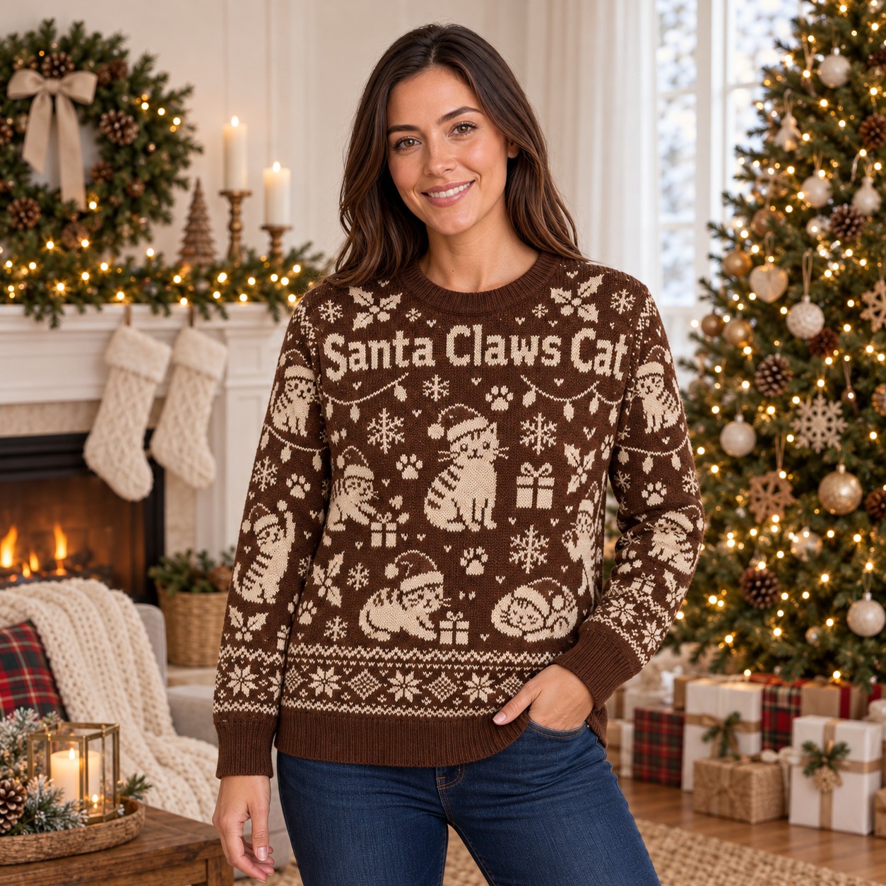 [popular-sweater:PX-06-07:female] Santa Claws Cat Ugly Christmas Sweatshirt - Female view