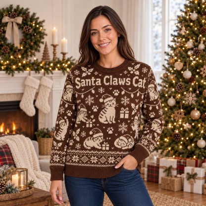 [popular-sweater:PX-06-07:female] Santa Claws Cat Ugly Christmas Sweatshirt - Female view