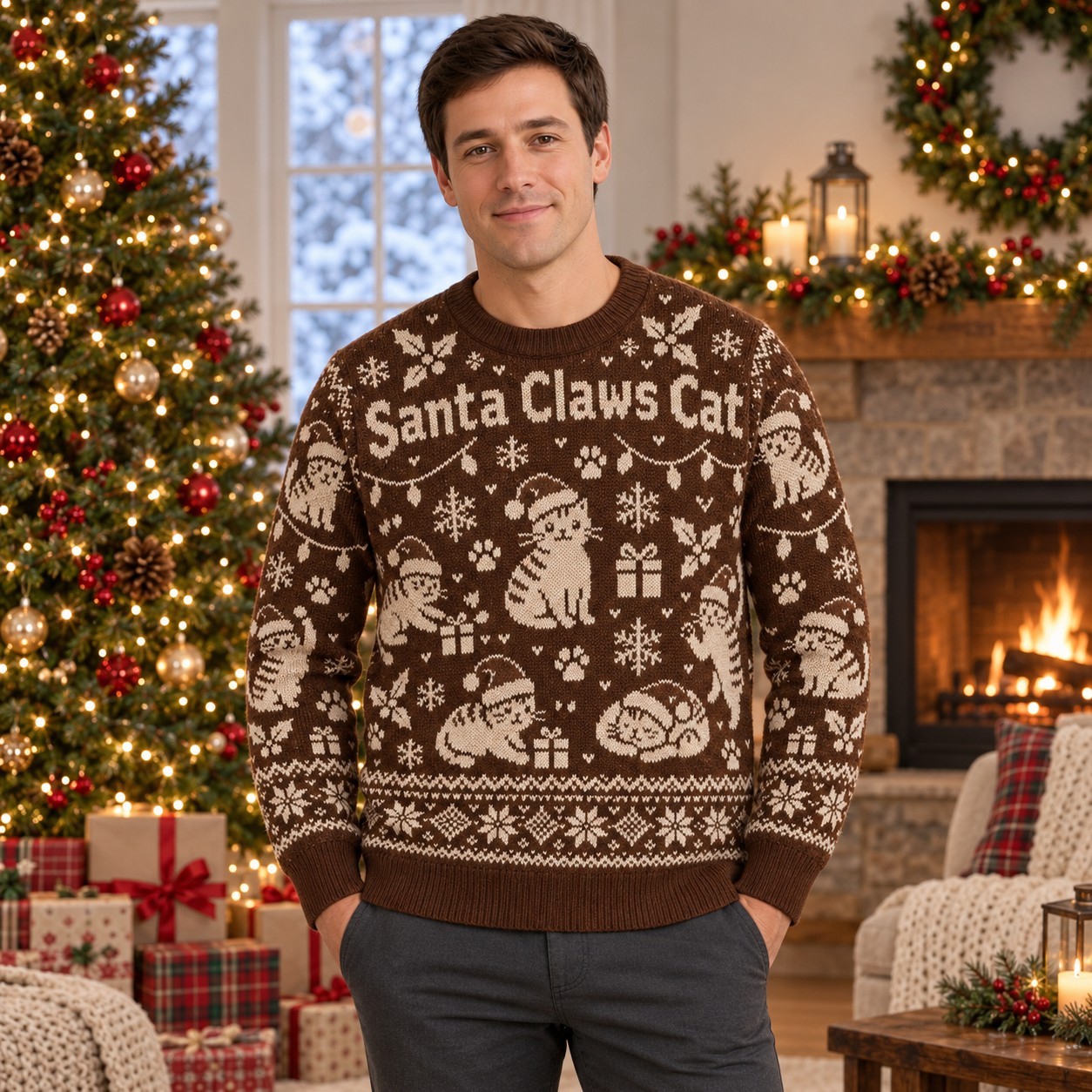 [popular-sweater:PX-06-07:male] Santa Claws Cat Ugly Christmas Sweatshirt - Male view