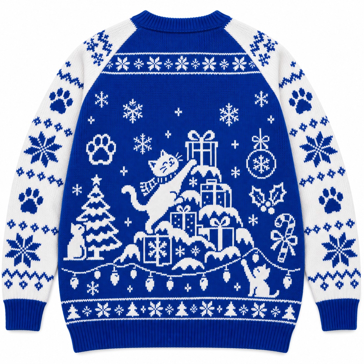 [popular-sweater:PX-06-08:back] Meowntain Of Gifts Cat Ugly Christmas Sweatshirt - Back view