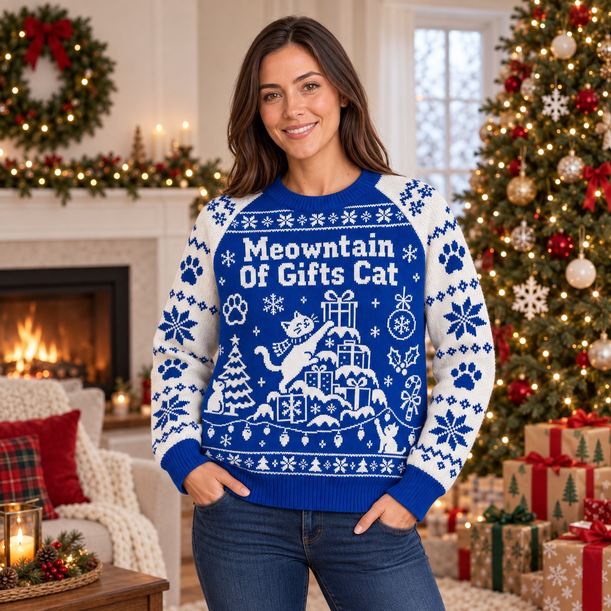 [popular-sweater:PX-06-08:female] Meowntain Of Gifts Cat Ugly Christmas Sweatshirt - Female view