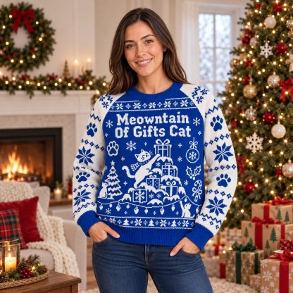 [popular-sweater:PX-06-08:female] Meowntain Of Gifts Cat Ugly Christmas Sweatshirt - Female view