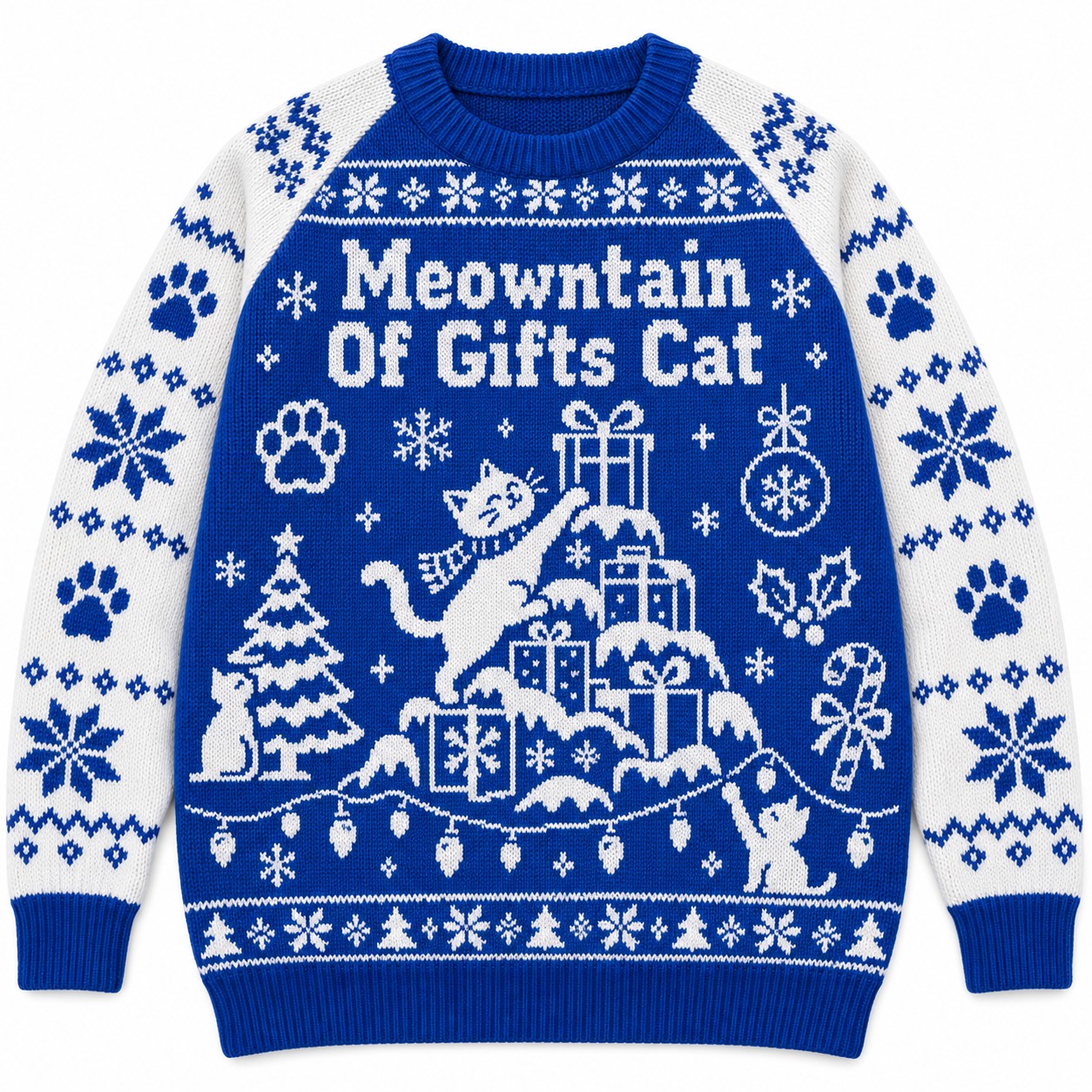 [popular-sweater:PX-06-08:front] Meowntain Of Gifts Cat Ugly Christmas Sweatshirt - Front view