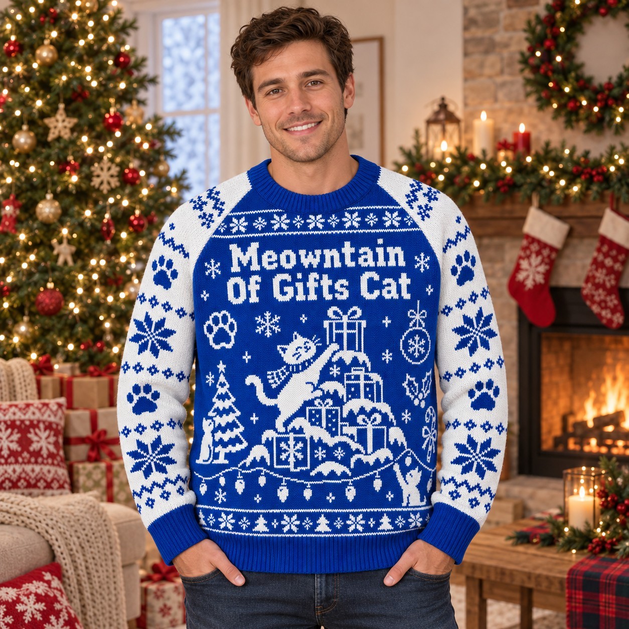 [popular-sweater:PX-06-08:male] Meowntain Of Gifts Cat Ugly Christmas Sweatshirt - Male view