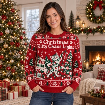 [popular-sweater:PX-06-09:female] Christmas Kitty Chaos Lights Ugly Christmas Sweatshirt - Female view
