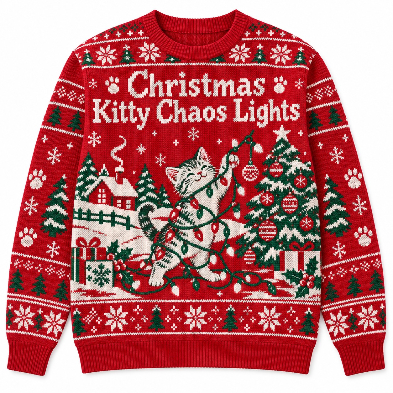 [popular-sweater:PX-06-09:front] Christmas Kitty Chaos Lights Ugly Christmas Sweatshirt - Front view