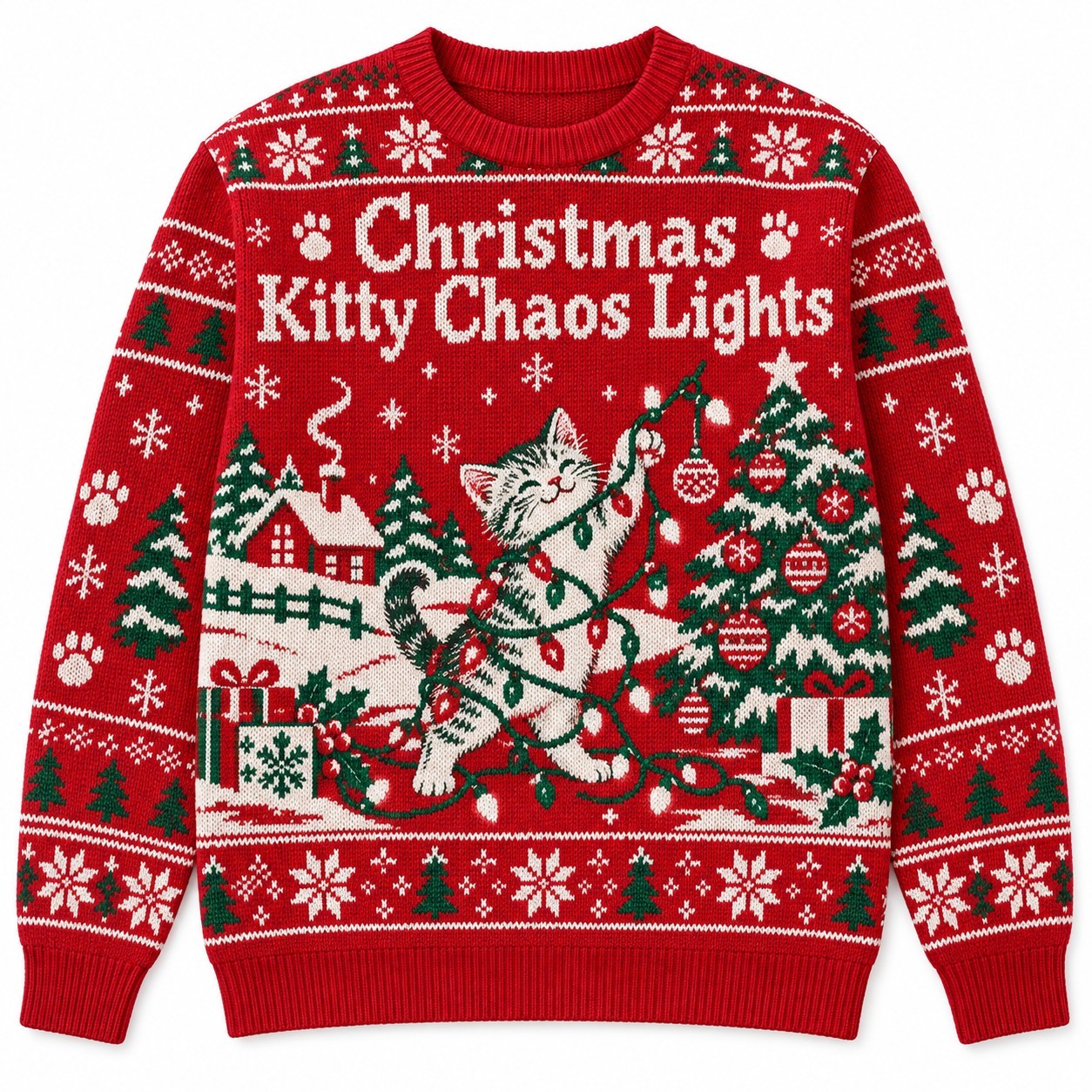 [popular-sweater:PX-06-09:front] Christmas Kitty Chaos Lights Ugly Christmas Sweatshirt - Front view