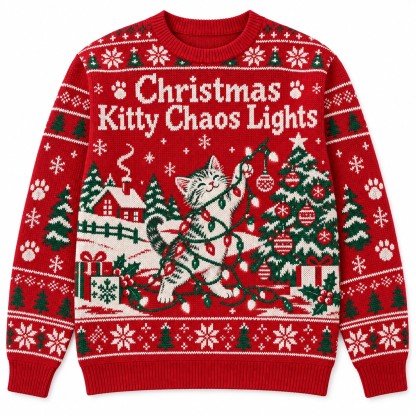 [popular-sweater:PX-06-09:front] Christmas Kitty Chaos Lights Ugly Christmas Sweatshirt - Front view