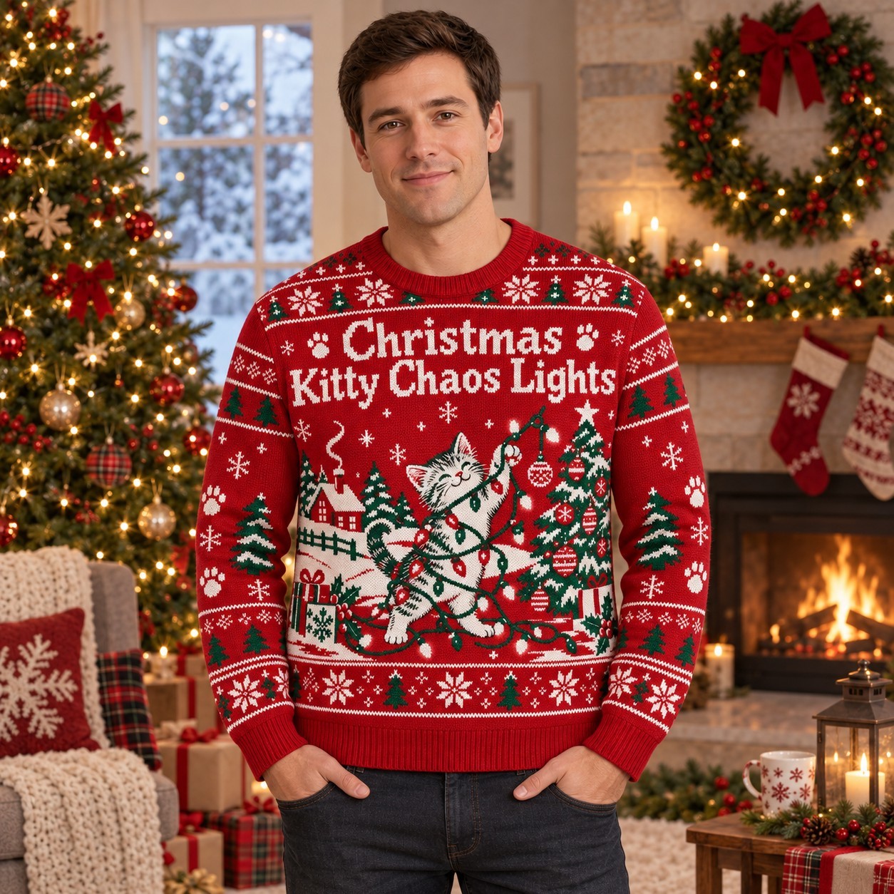 [popular-sweater:PX-06-09:male] Christmas Kitty Chaos Lights Ugly Christmas Sweatshirt - Male view