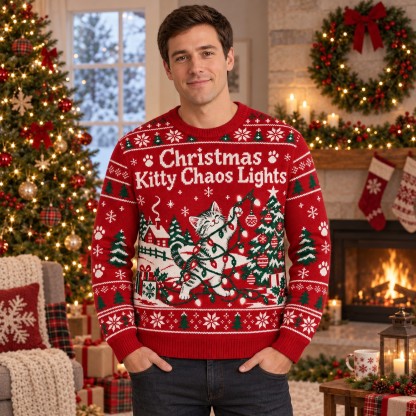 [popular-sweater:PX-06-09:male] Christmas Kitty Chaos Lights Ugly Christmas Sweatshirt - Male view