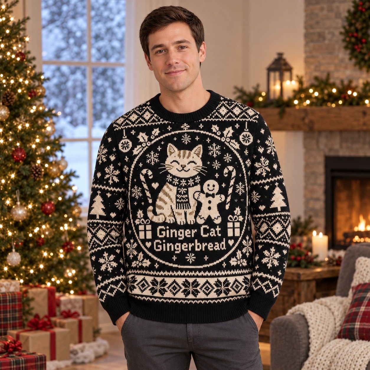 [popular-sweater:PX-06-10:male] Ginger Cat Gingerbread Ugly Christmas Sweatshirt - Male view