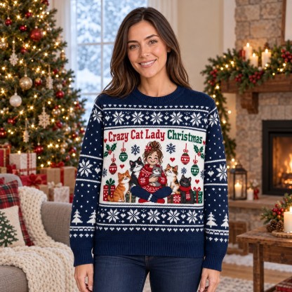 [popular-sweater:PX-06-11:female] Crazy Cat Lady Christmas Ugly Christmas Sweatshirt - Female view