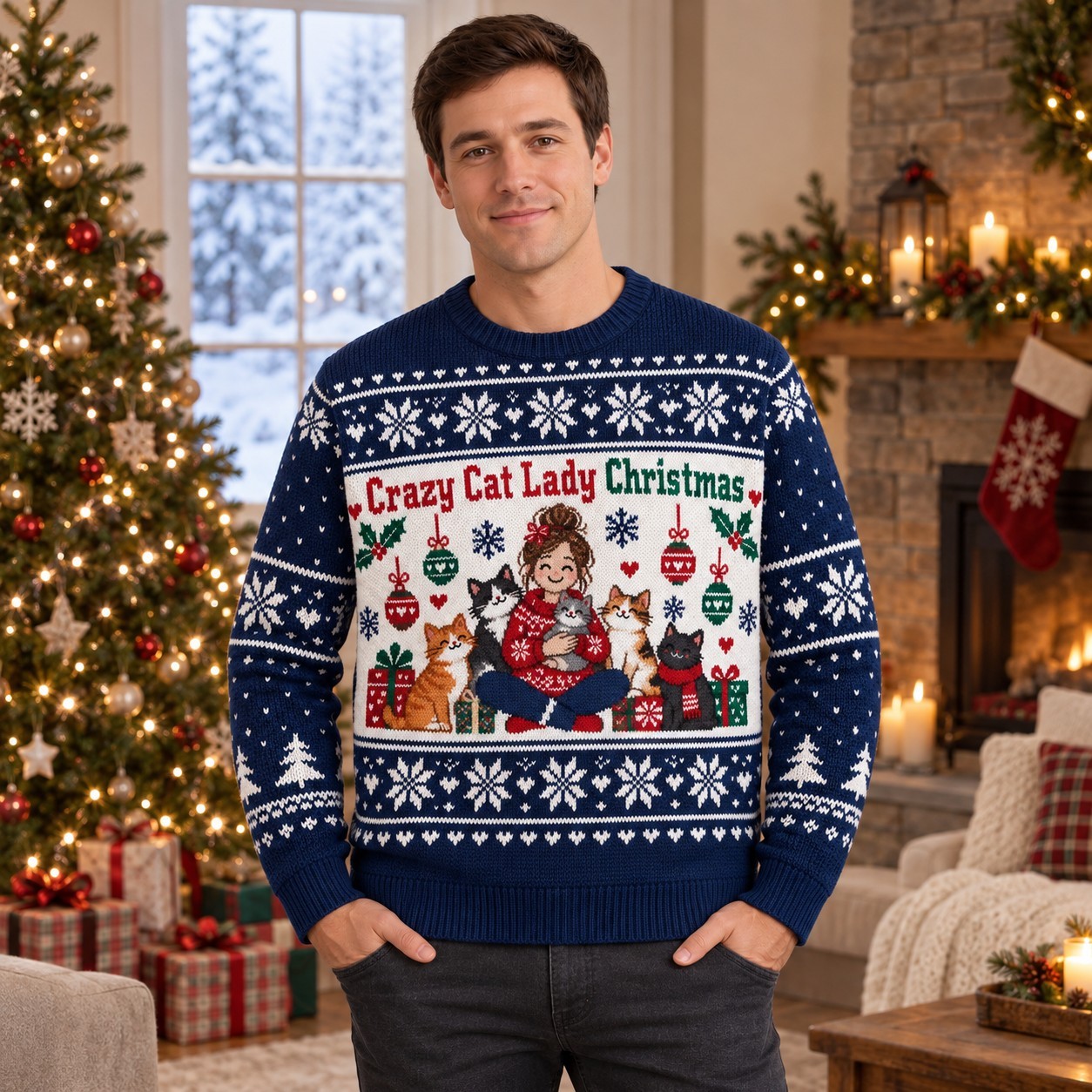[popular-sweater:PX-06-11:male] Crazy Cat Lady Christmas Ugly Christmas Sweatshirt - Male view