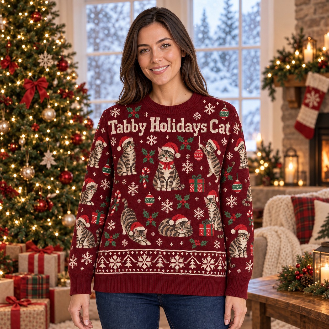 [popular-sweater:PX-06-12:female] Tabby Holidays Cat Ugly Christmas Sweatshirt - Female view