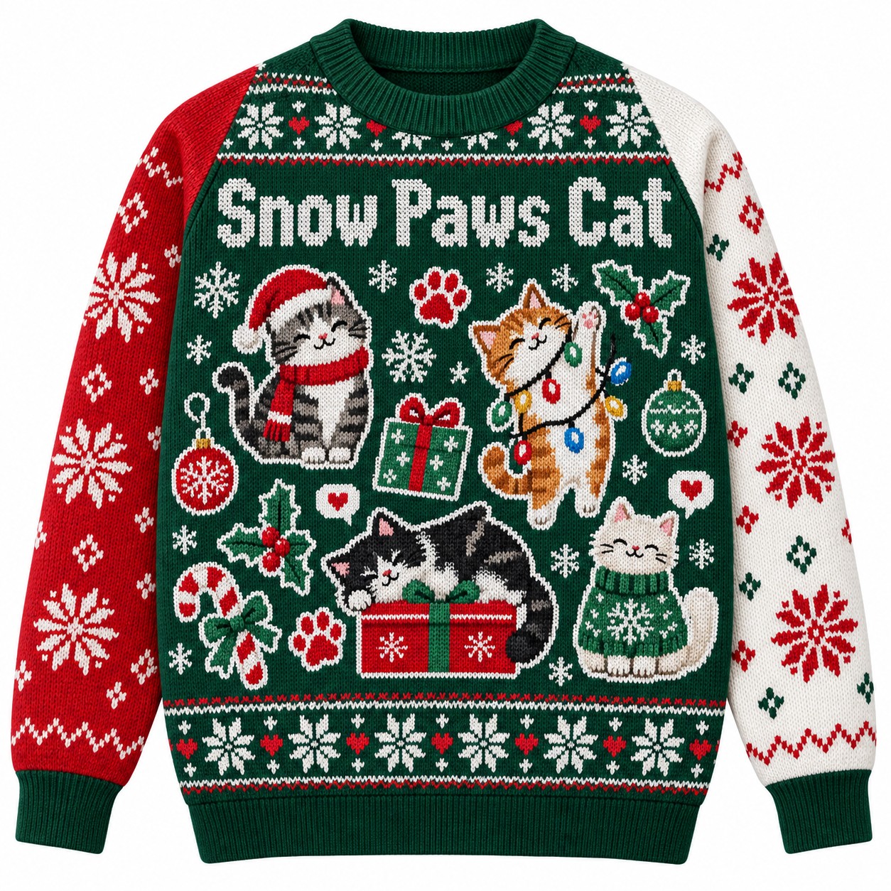 [popular-sweater:PX-06-13:front] Snow Paws Cat Ugly Christmas Sweatshirt - Front view