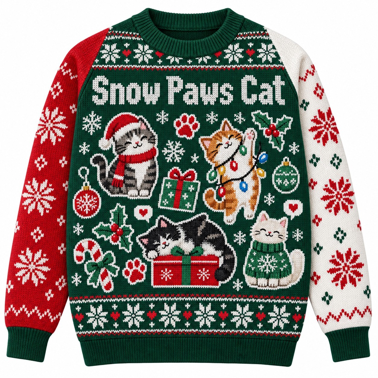 [popular-sweater:PX-06-13:front] Snow Paws Cat Ugly Christmas Sweatshirt - Front view