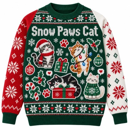 [popular-sweater:PX-06-13:front] Snow Paws Cat Ugly Christmas Sweatshirt - Front view