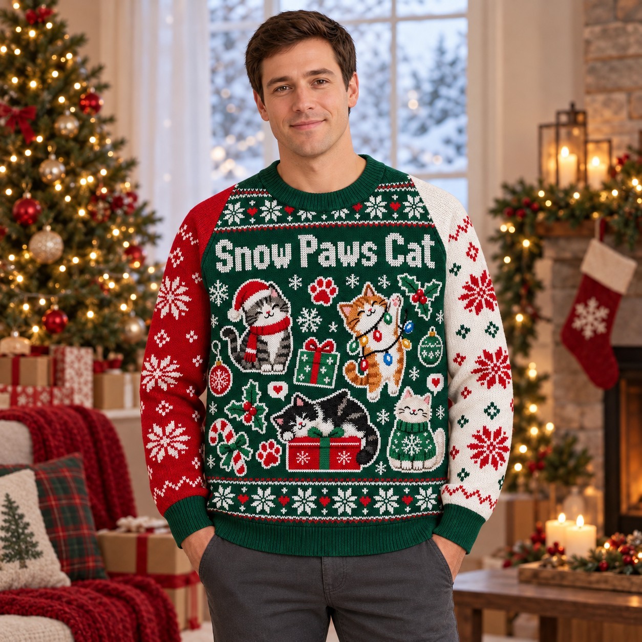 [popular-sweater:PX-06-13:male] Snow Paws Cat Ugly Christmas Sweatshirt - Male view