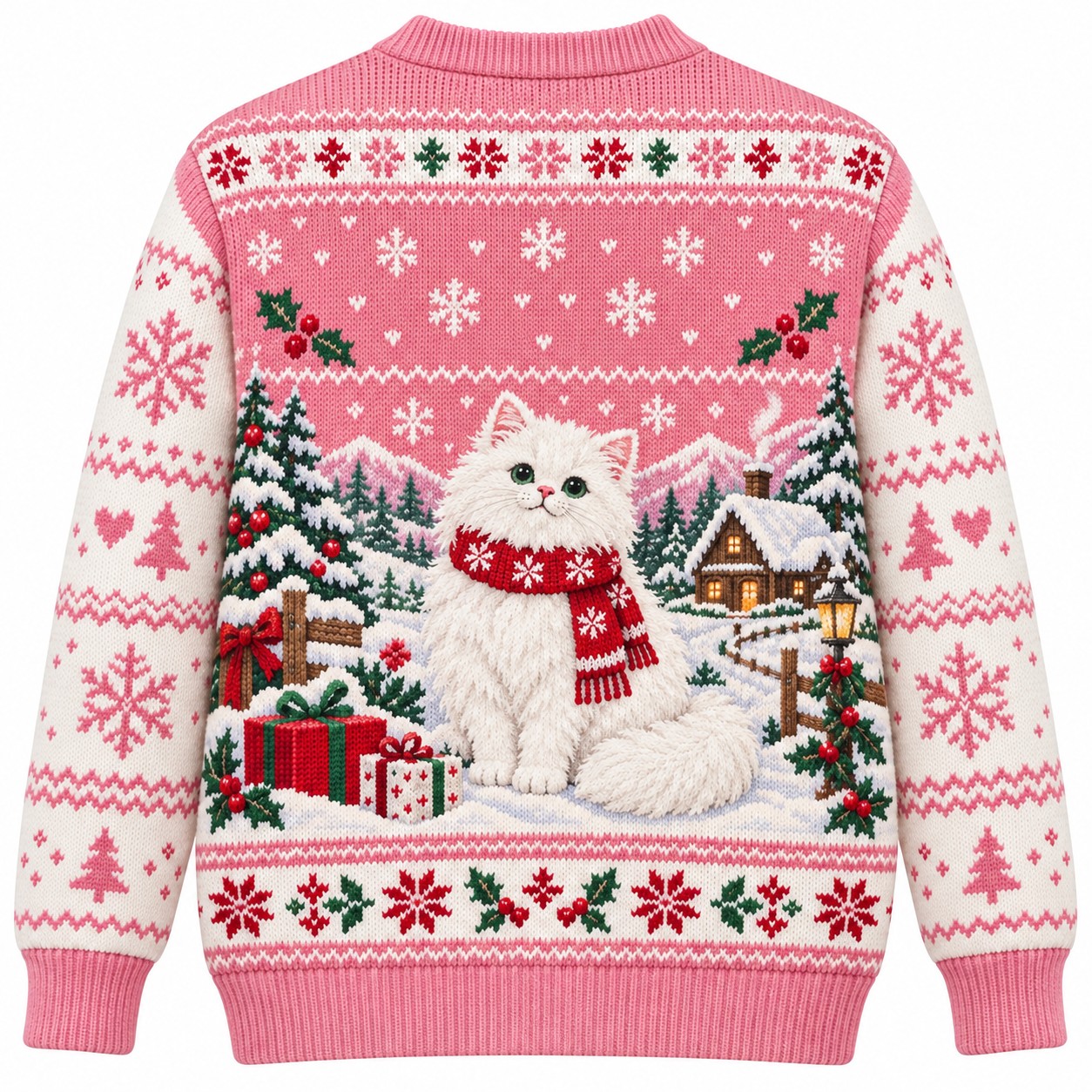 [popular-sweater:PX-06-14:back] Fluff Navidad White Cat Ugly Christmas Sweatshirt - Back view