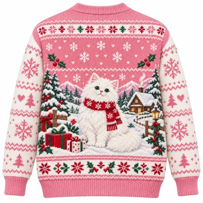[popular-sweater:PX-06-14:back] Fluff Navidad White Cat Ugly Christmas Sweatshirt - Back view