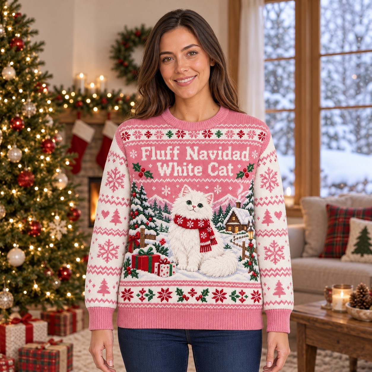 [popular-sweater:PX-06-14:female] Fluff Navidad White Cat Ugly Christmas Sweatshirt - Female view