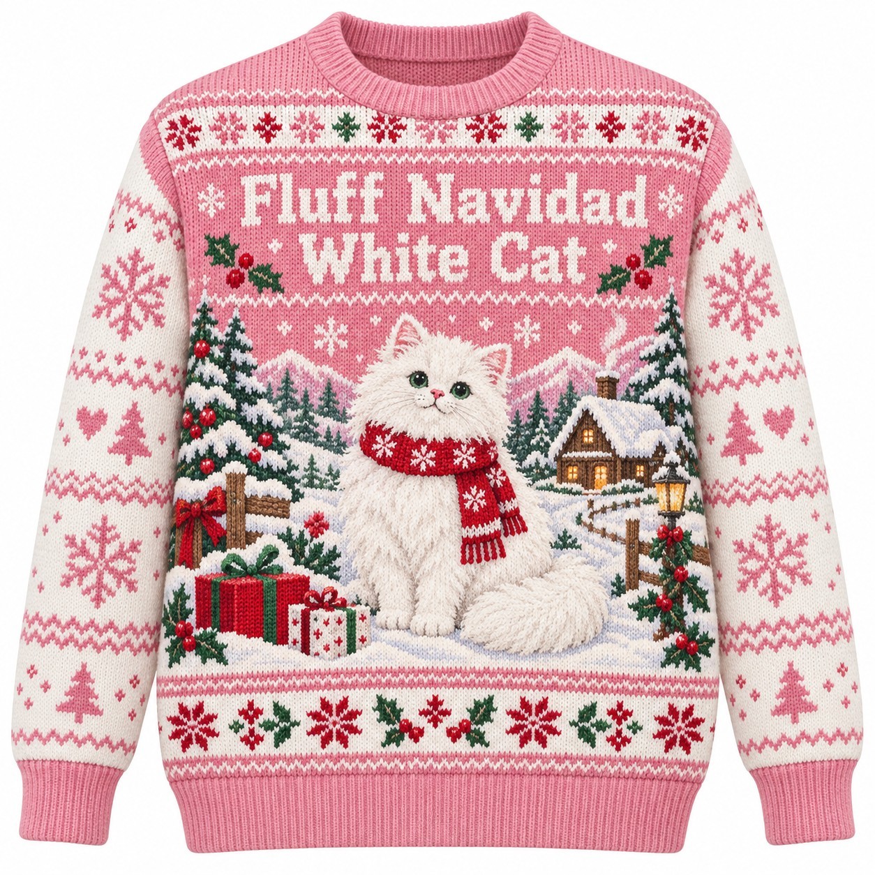 [popular-sweater:PX-06-14:front] Fluff Navidad White Cat Ugly Christmas Sweatshirt - Front view