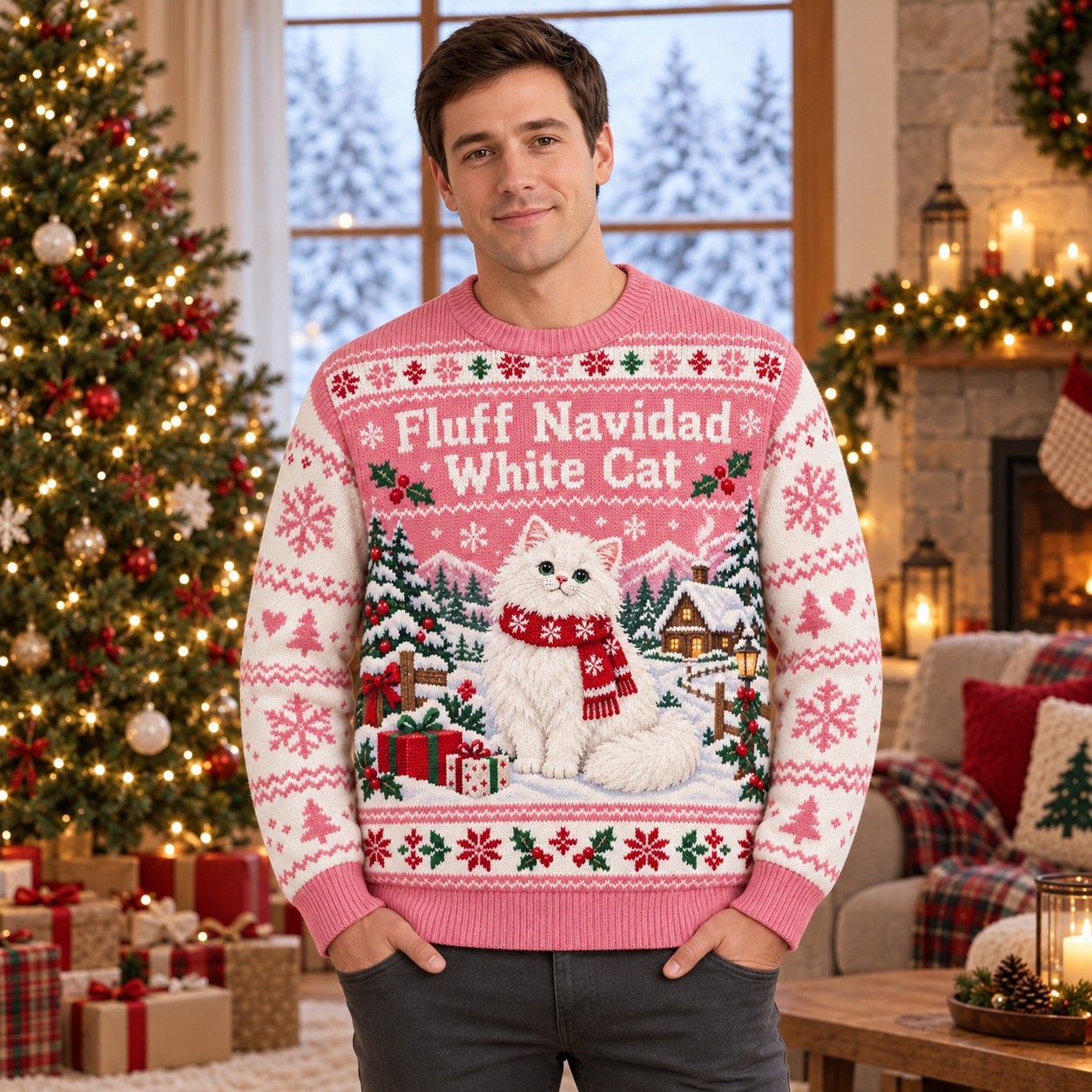 [popular-sweater:PX-06-14:male] Fluff Navidad White Cat Ugly Christmas Sweatshirt - Male view