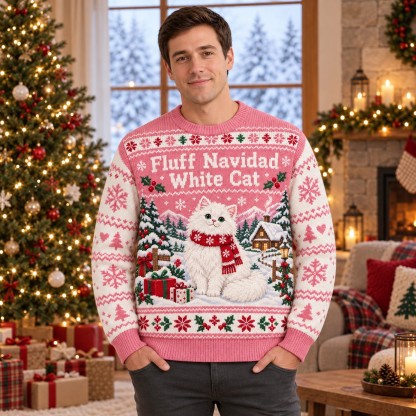 [popular-sweater:PX-06-14:male] Fluff Navidad White Cat Ugly Christmas Sweatshirt - Male view