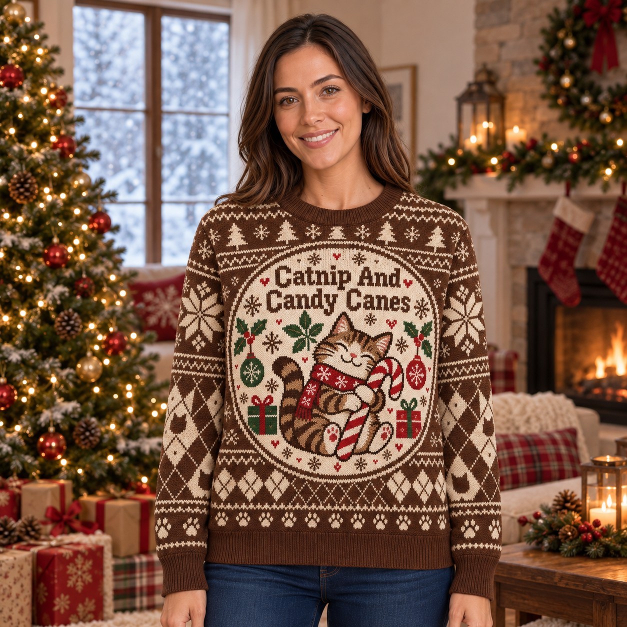 [popular-sweater:PX-06-15:female] Catnip And Candy Canes Ugly Christmas Sweatshirt - Female view
