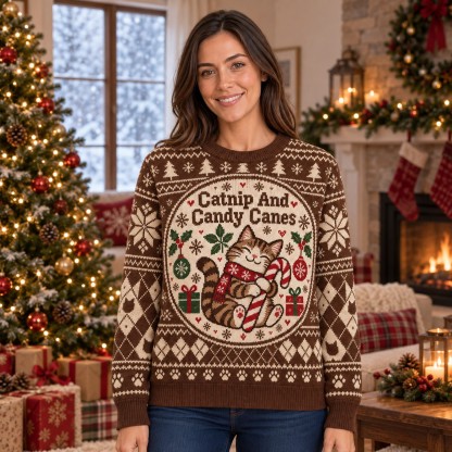 [popular-sweater:PX-06-15:female] Catnip And Candy Canes Ugly Christmas Sweatshirt - Female view