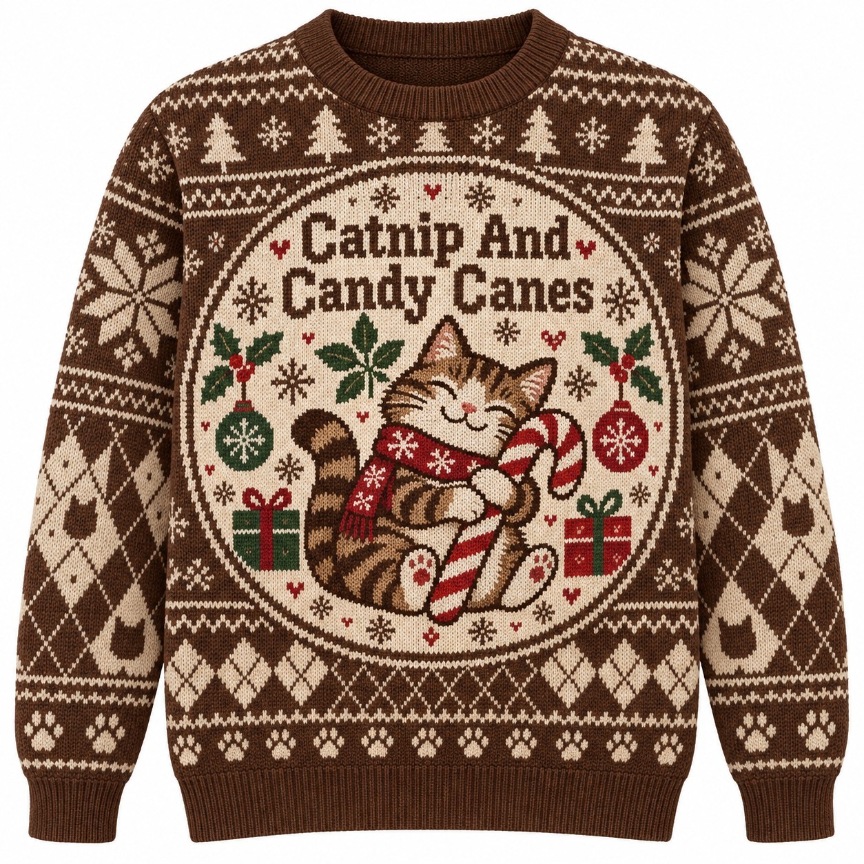 [popular-sweater:PX-06-15:front] Catnip And Candy Canes Ugly Christmas Sweatshirt - Front view