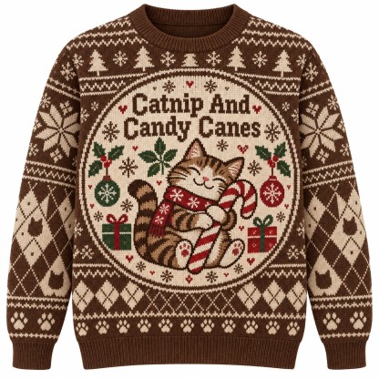 [popular-sweater:PX-06-15:front] Catnip And Candy Canes Ugly Christmas Sweatshirt - Front view