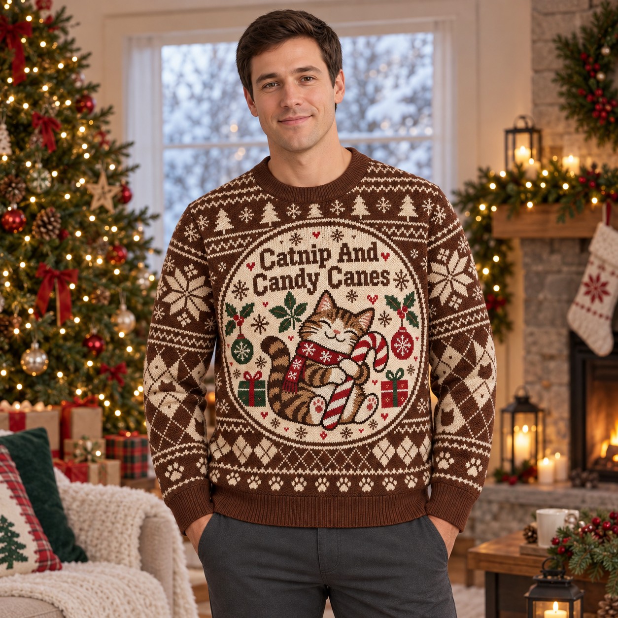 [popular-sweater:PX-06-15:male] Catnip And Candy Canes Ugly Christmas Sweatshirt - Male view