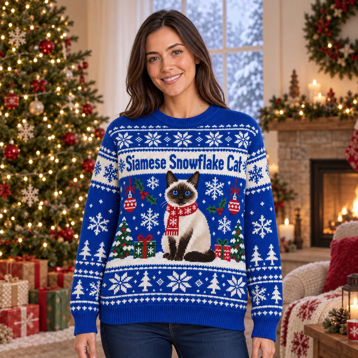 [popular-sweater:PX-06-16:female] Siamese Snowflake Cat Ugly Christmas Sweatshirt - Female view