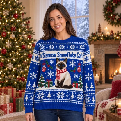 [popular-sweater:PX-06-16:female] Siamese Snowflake Cat Ugly Christmas Sweatshirt - Female view