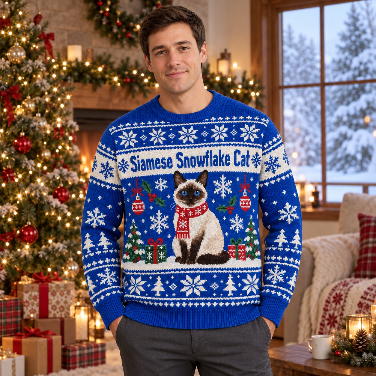 [popular-sweater:PX-06-16:male] Siamese Snowflake Cat Ugly Christmas Sweatshirt - Male view