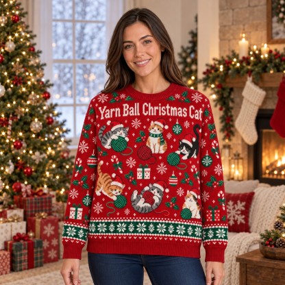 [popular-sweater:PX-06-17:female] Yarn Ball Christmas Cat Ugly Christmas Sweatshirt - Female view