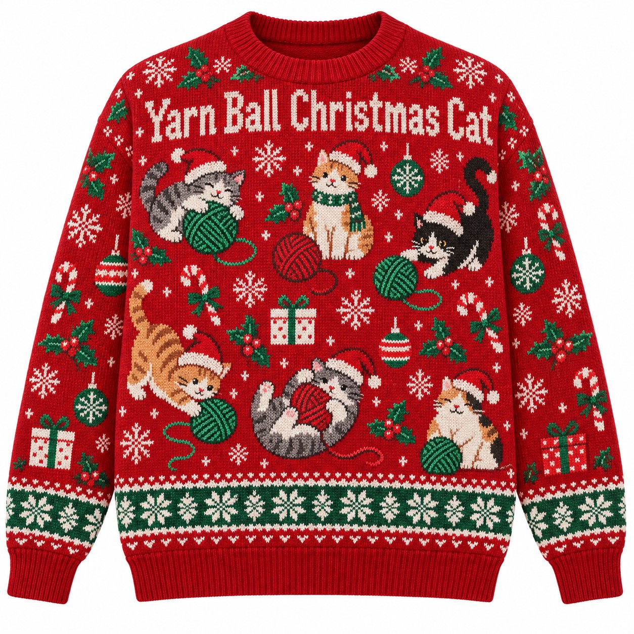 [popular-sweater:PX-06-17:front] Yarn Ball Christmas Cat Ugly Christmas Sweatshirt - Front view