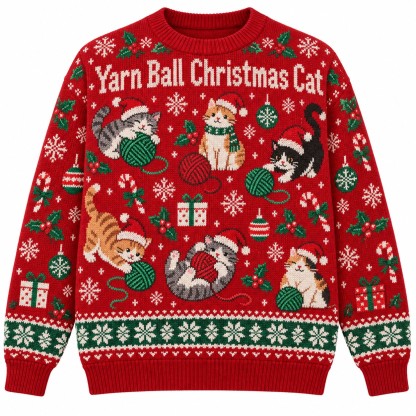 [popular-sweater:PX-06-17:front] Yarn Ball Christmas Cat Ugly Christmas Sweatshirt - Front view