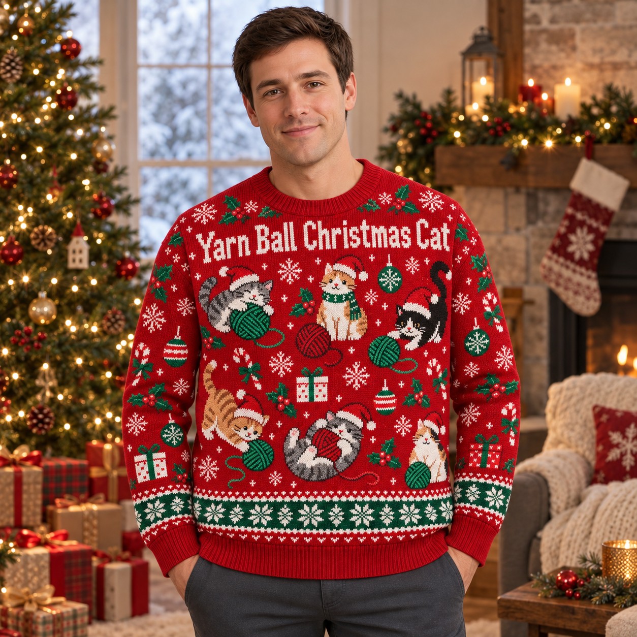 [popular-sweater:PX-06-17:male] Yarn Ball Christmas Cat Ugly Christmas Sweatshirt - Male view