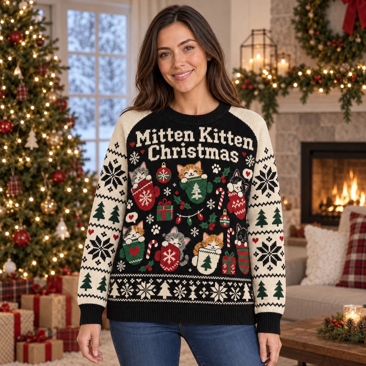 [popular-sweater:PX-06-18:female] Mitten Kitten Christmas Ugly Christmas Sweatshirt - Female view