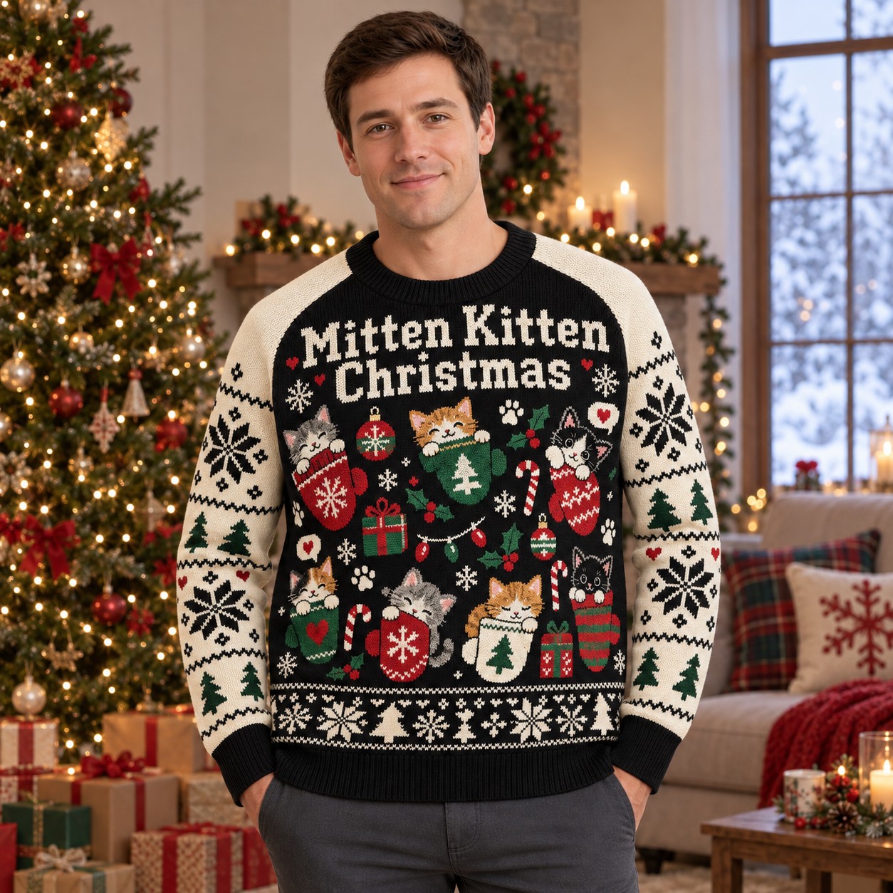 [popular-sweater:PX-06-18:male] Mitten Kitten Christmas Ugly Christmas Sweatshirt - Male view