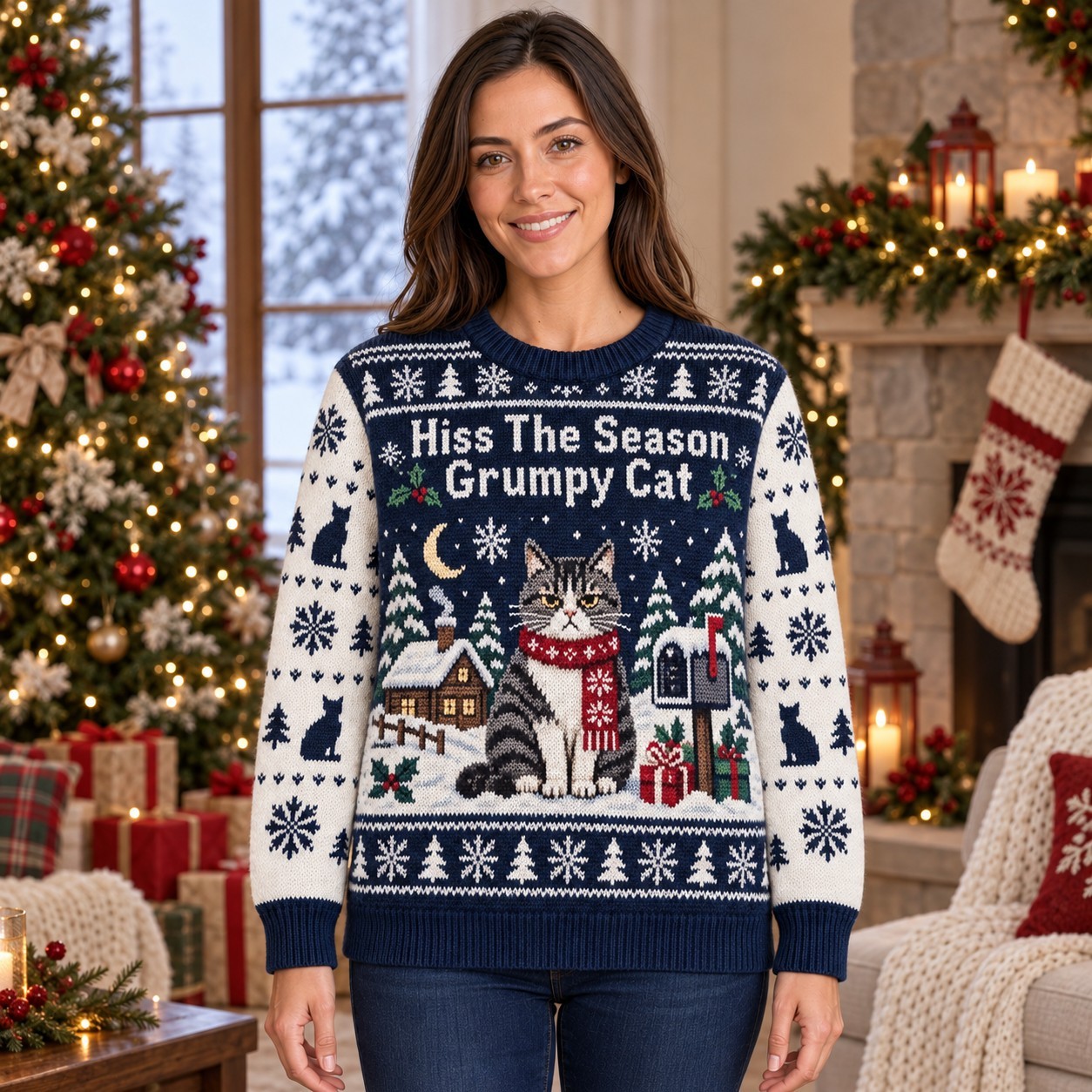 [popular-sweater:PX-06-19:female] Hiss The Season Grumpy Cat Ugly Christmas Sweatshirt - Female view