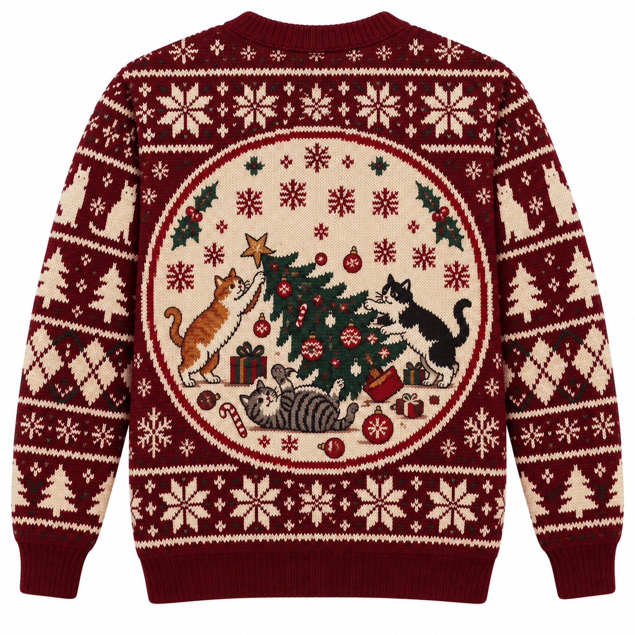 [popular-sweater:PX-06-20:back] Cats Against Christmas Trees Ugly Christmas Sweatshirt - Back view