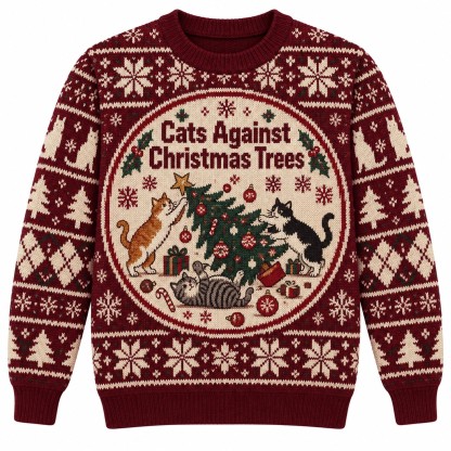 [popular-sweater:PX-06-20:front] Cats Against Christmas Trees Ugly Christmas Sweatshirt - Front view