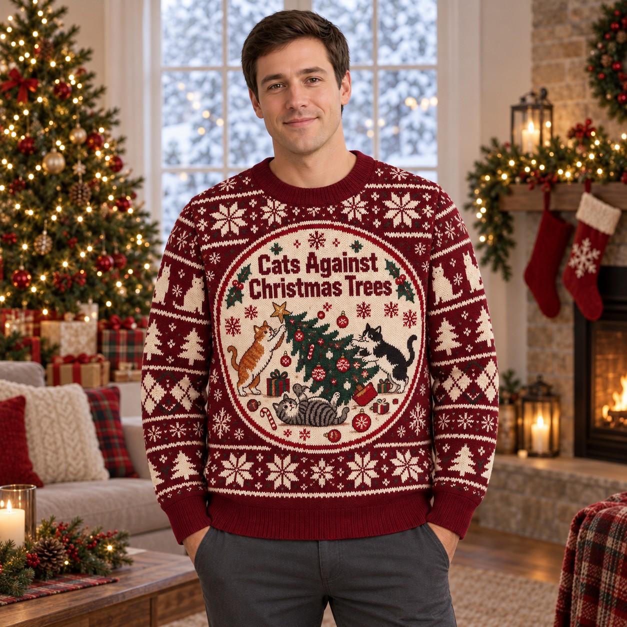 [popular-sweater:PX-06-20:male] Cats Against Christmas Trees Ugly Christmas Sweatshirt - Male view