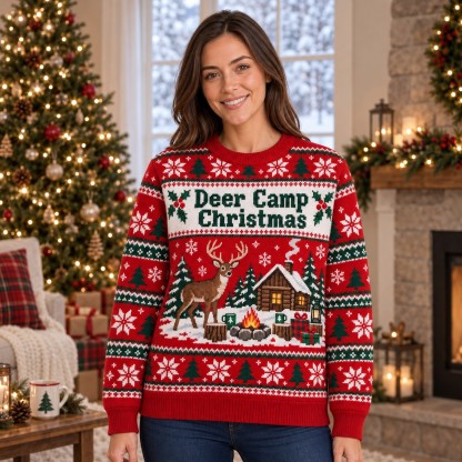 [popular-sweater:PX-07-01:female] Deer Camp Christmas Ugly Christmas Sweatshirt - Female view