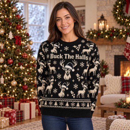 [popular-sweater:PX-07-02:female] Buck The Halls Ugly Christmas Sweatshirt - Female view